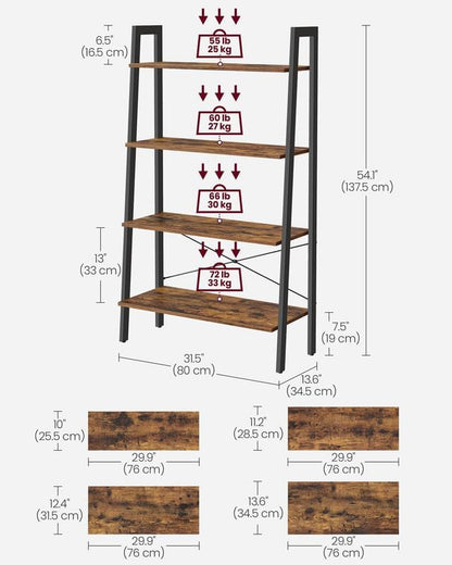 4-Tier Ladder Bookshelf – Industrial Storage Rack with Steel Frame for Living Room & Home Office
