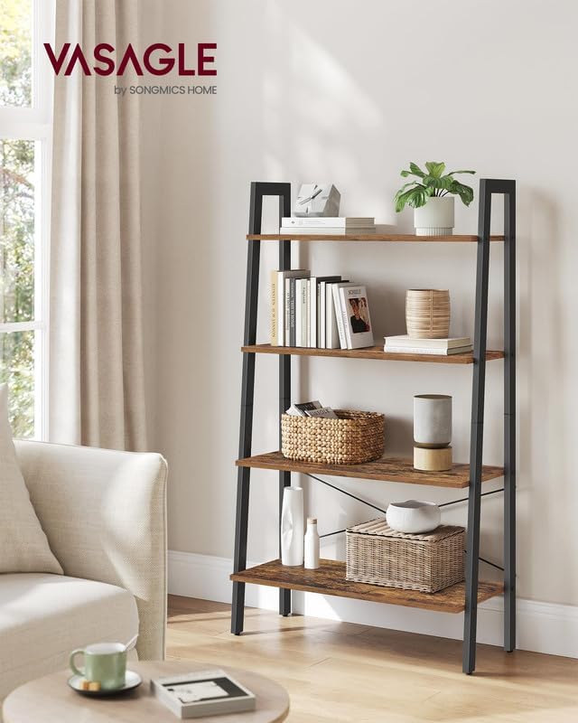 4-Tier Ladder Bookshelf – Industrial Storage Rack with Steel Frame for Living Room & Home Office