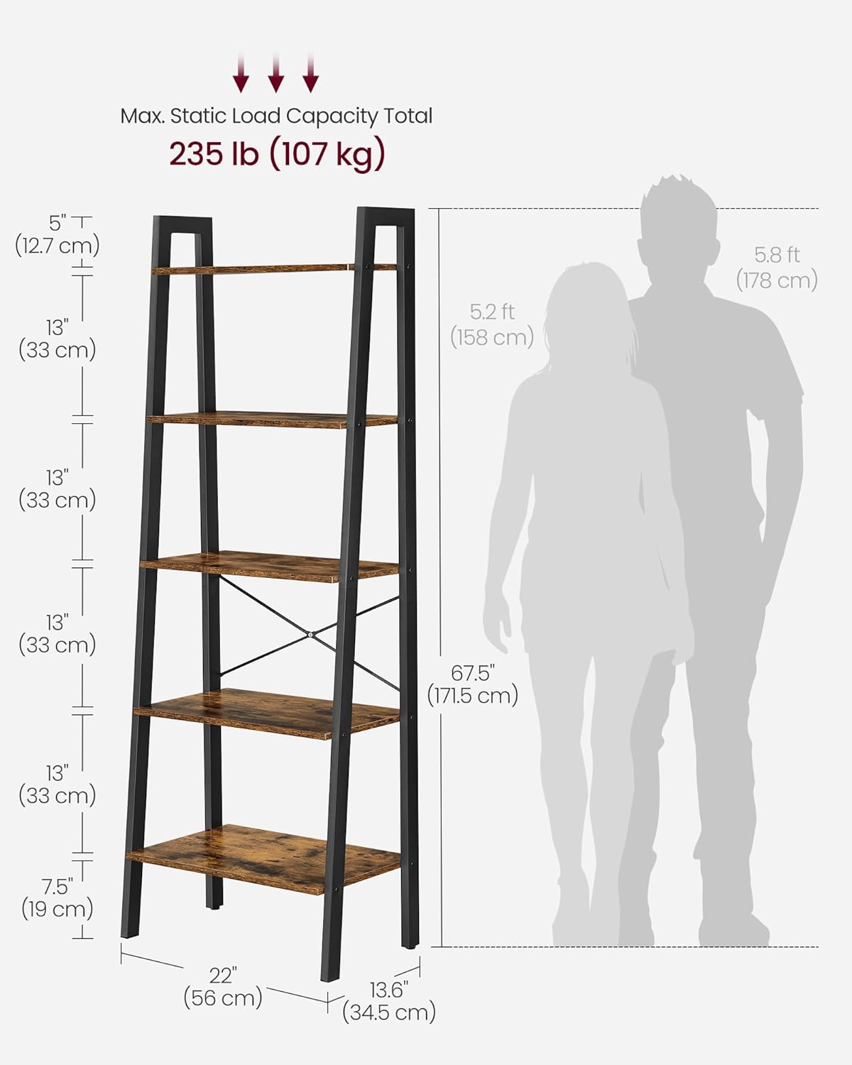 4-Tier Ladder Bookshelf – Industrial Storage Rack with Steel Frame for Living Room & Home Office