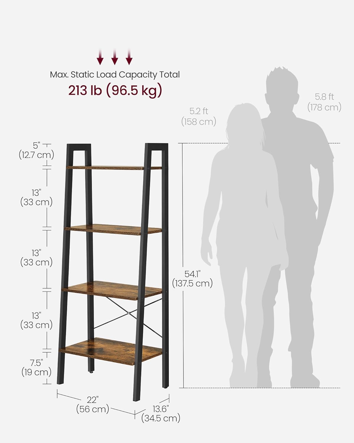 4-Tier Ladder Bookshelf – Industrial Storage Rack with Steel Frame for Living Room & Home Office