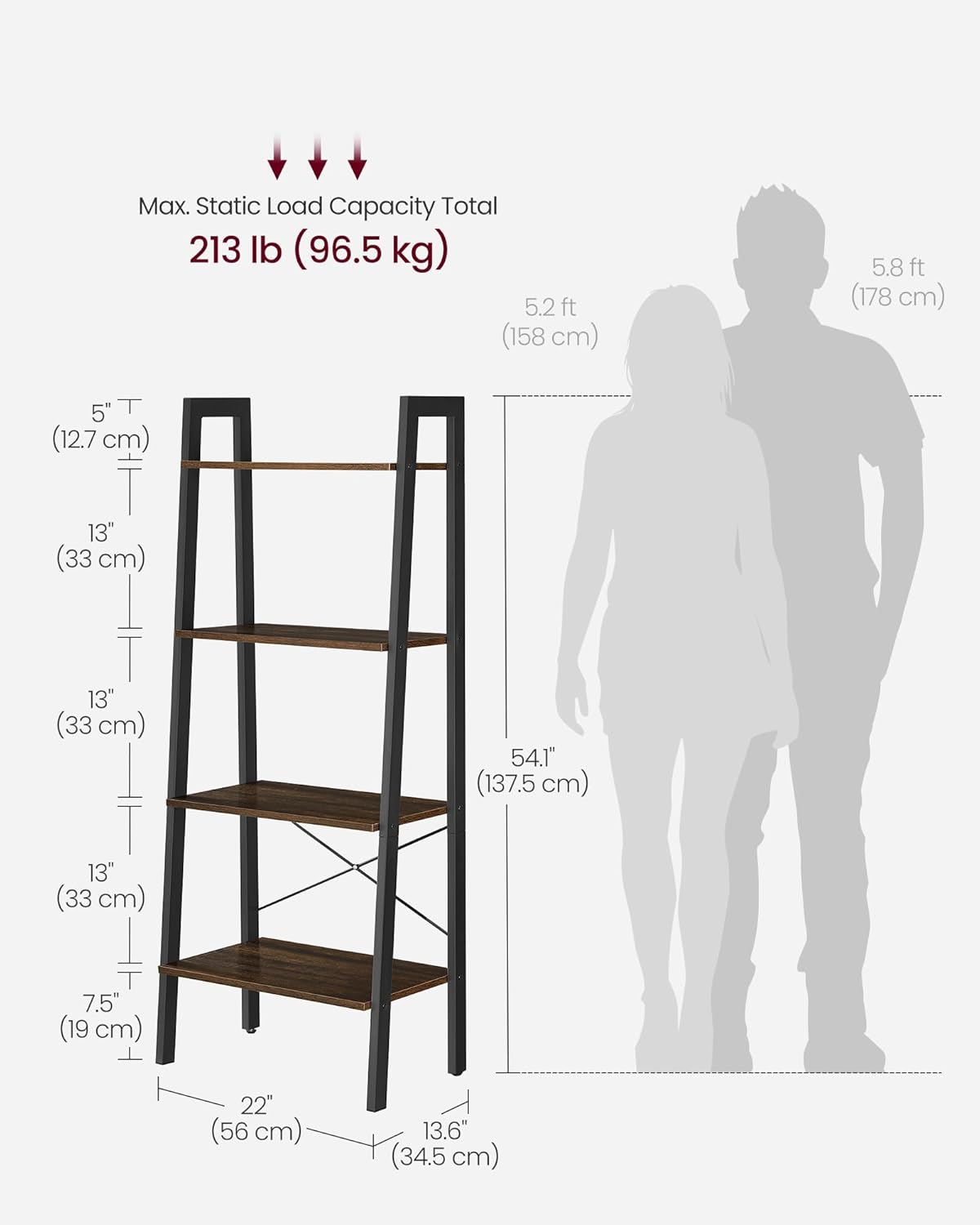 4-Tier Ladder Bookshelf – Industrial Storage Rack with Steel Frame for Living Room & Home Office