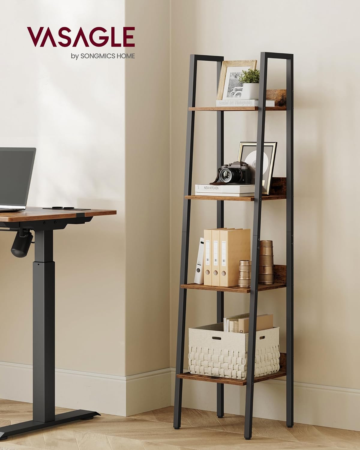 4-Tier Ladder Bookshelf – Industrial Storage Rack with Steel Frame for Living Room & Home Office