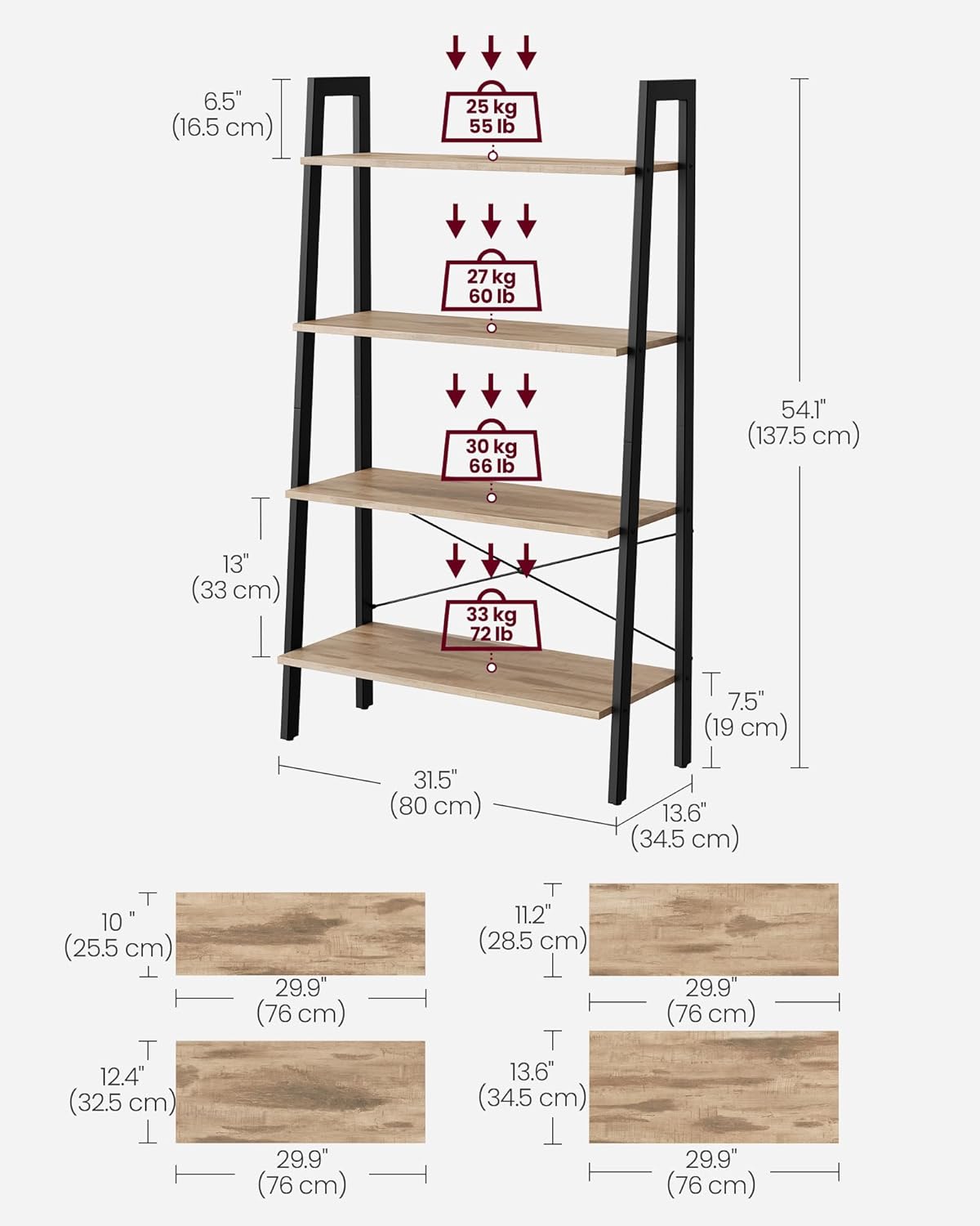 4-Tier Ladder Bookshelf – Industrial Storage Rack with Steel Frame for Living Room & Home Office