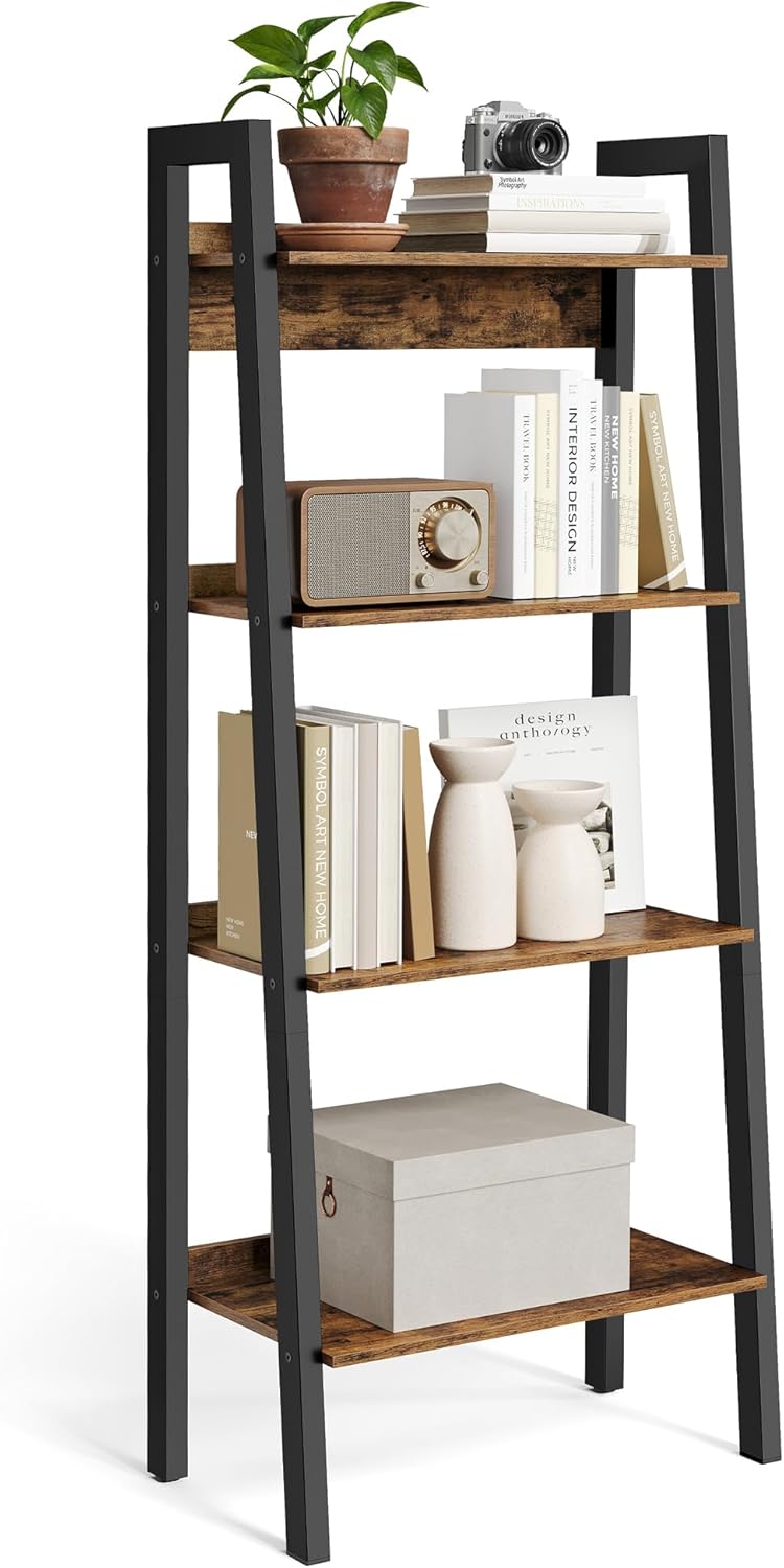 4-Tier Ladder Bookshelf – Industrial Storage Rack with Steel Frame for Living Room & Home Office