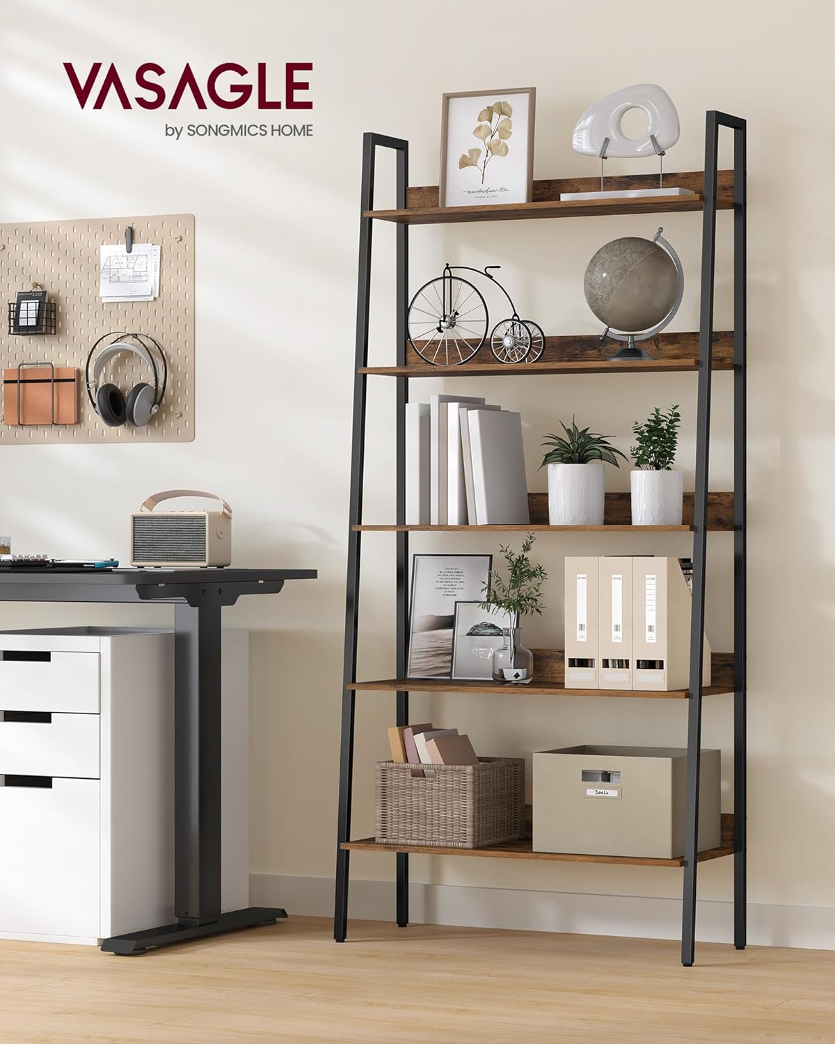 4-Tier Ladder Bookshelf – Industrial Storage Rack with Steel Frame for Living Room & Home Office
