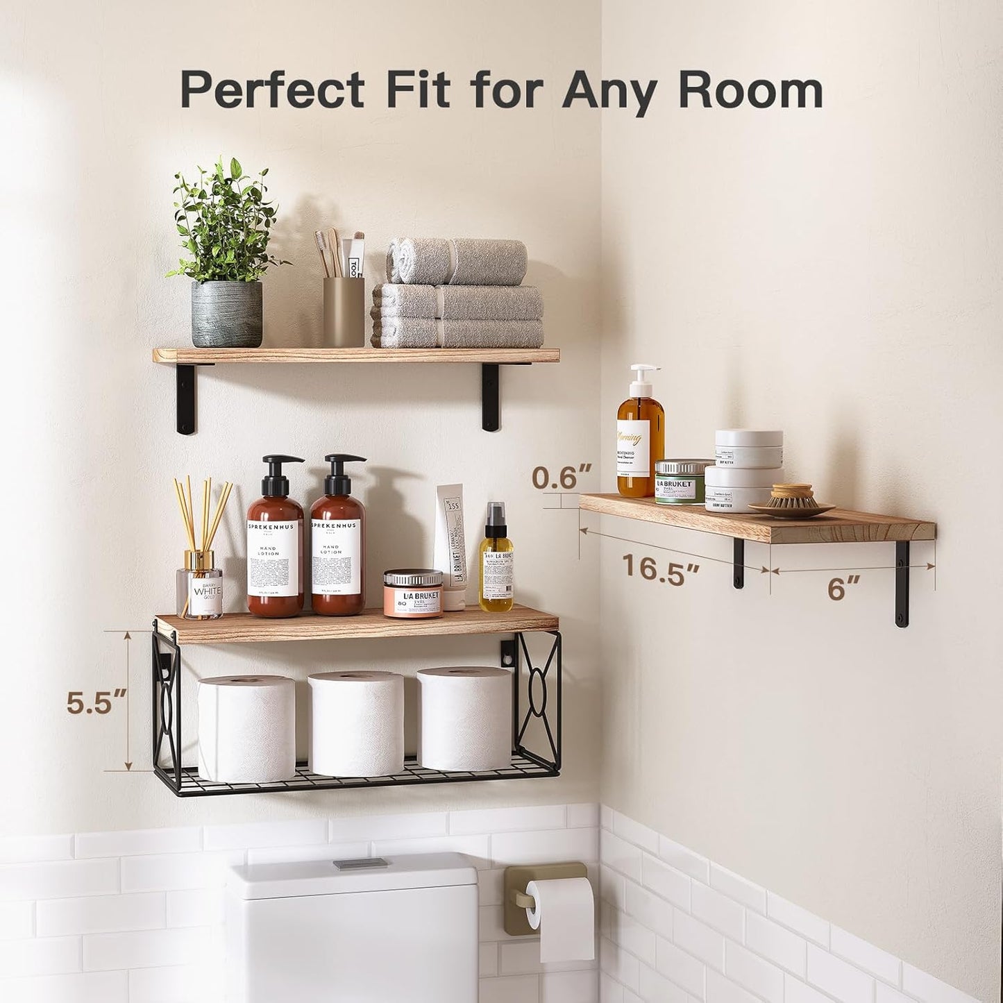 Floating Wall Shelves with Storage Basket – Natural Wood Bathroom & Home Organizer