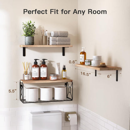 Floating Wall Shelves with Storage Basket – Natural Wood Bathroom & Home Organizer