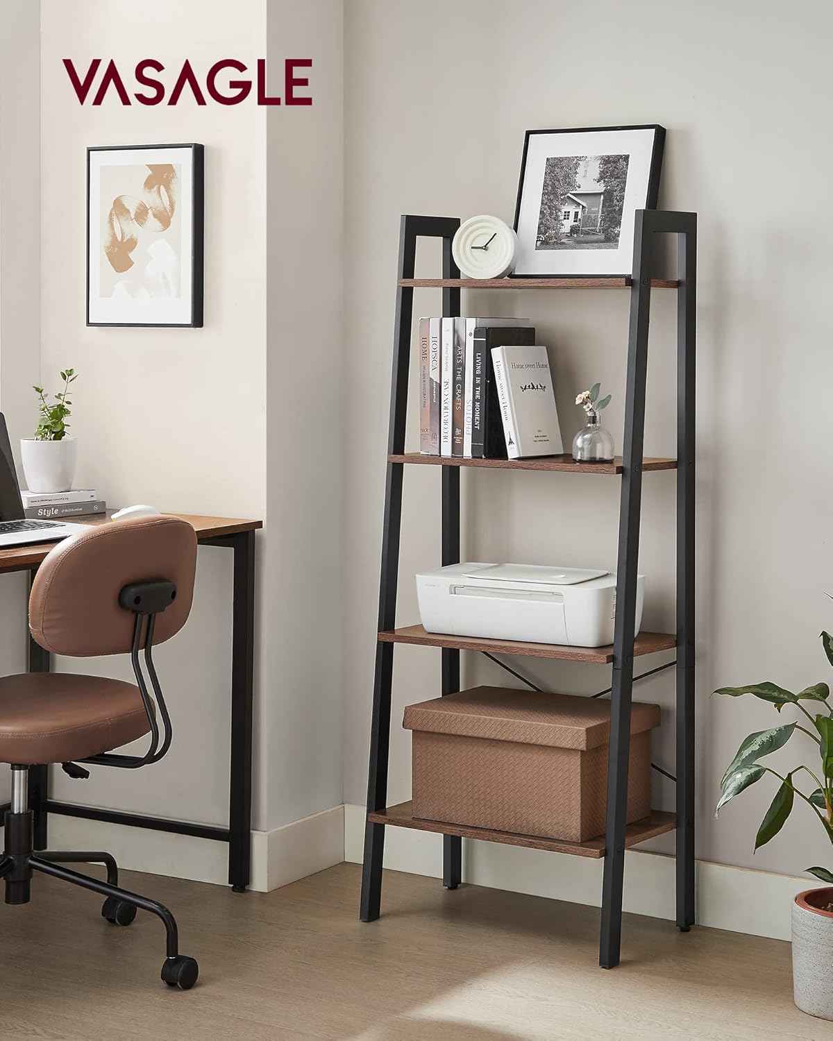 4-Tier Ladder Bookshelf – Industrial Storage Rack with Steel Frame for Living Room & Home Office