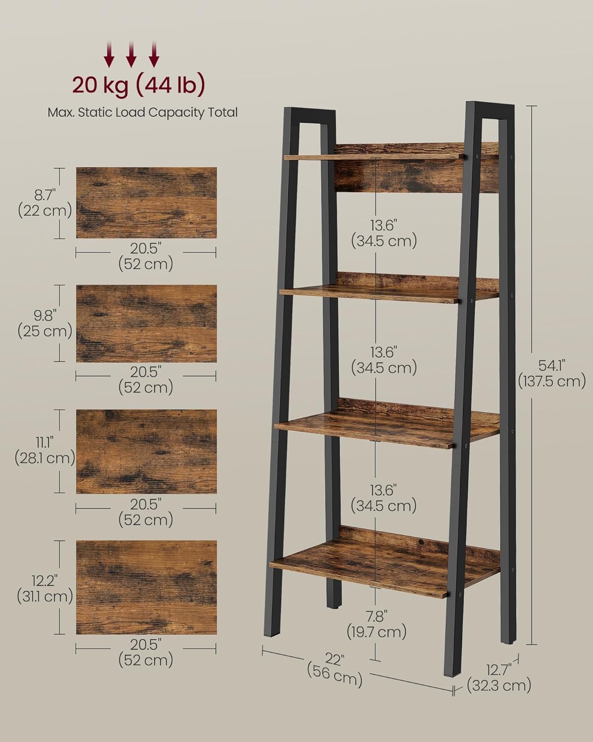 4-Tier Ladder Bookshelf – Industrial Storage Rack with Steel Frame for Living Room & Home Office