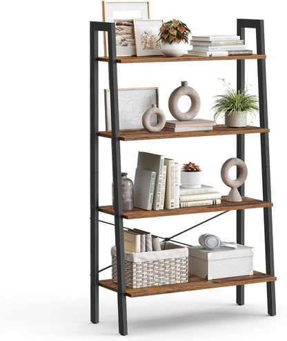 4-Tier Ladder Bookshelf – Industrial Storage Rack with Steel Frame for Living Room & Home Office