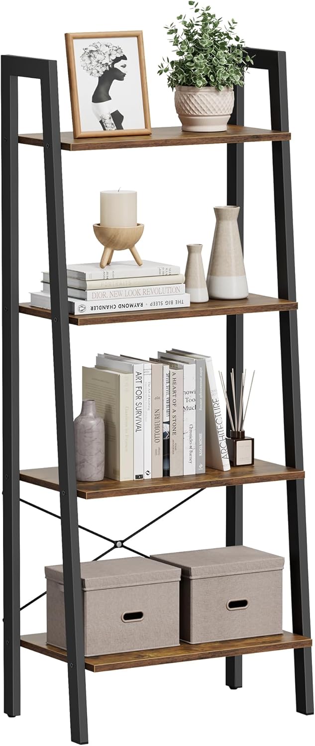 4-Tier Ladder Bookshelf – Industrial Storage Rack with Steel Frame for Living Room & Home Office