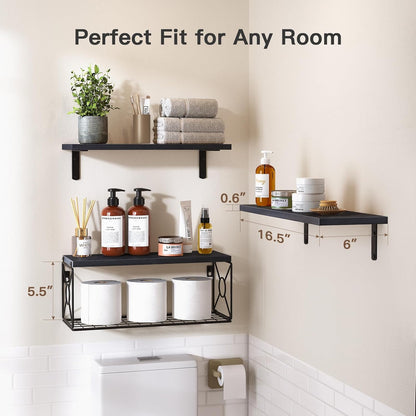 Floating Wall Shelves with Storage Basket – Natural Wood Bathroom & Home Organizer