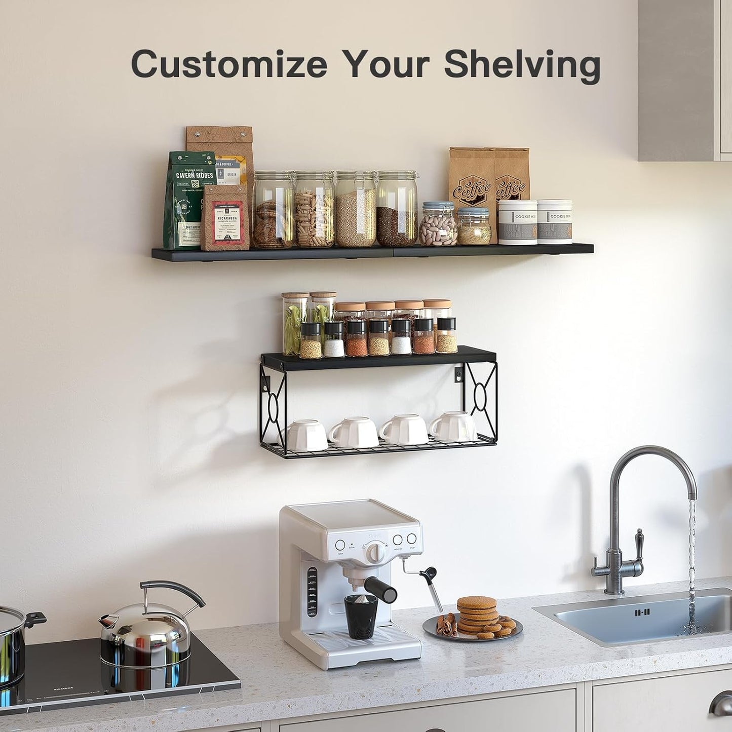 Floating Wall Shelves with Storage Basket – Natural Wood Bathroom & Home Organizer