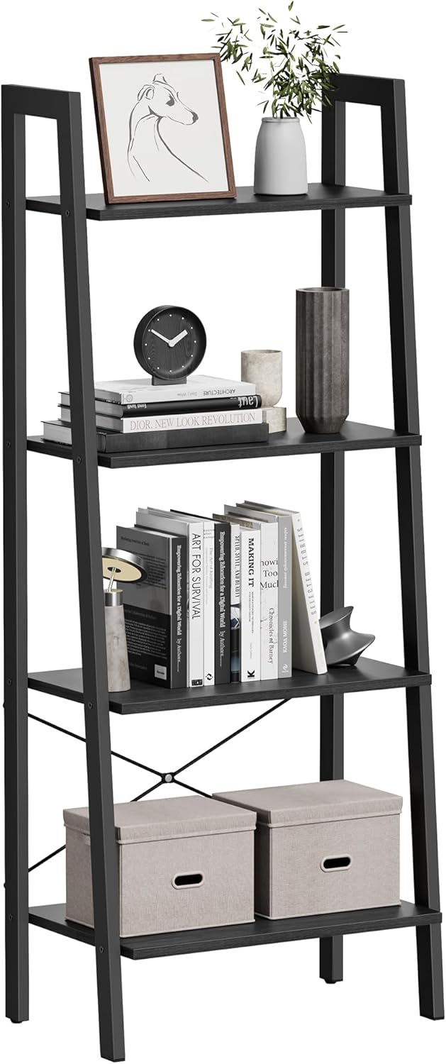 4-Tier Ladder Bookshelf – Industrial Storage Rack with Steel Frame for Living Room & Home Office