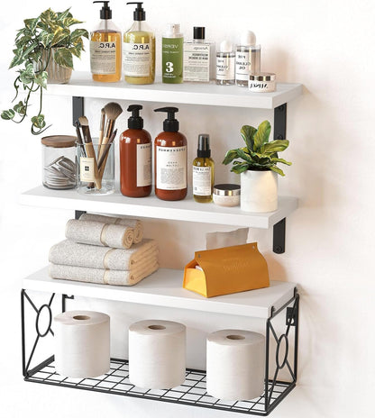 Floating Wall Shelves with Storage Basket – Natural Wood Bathroom & Home Organizer