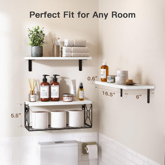 Floating Wall Shelves with Storage Basket – Natural Wood Bathroom & Home Organizer