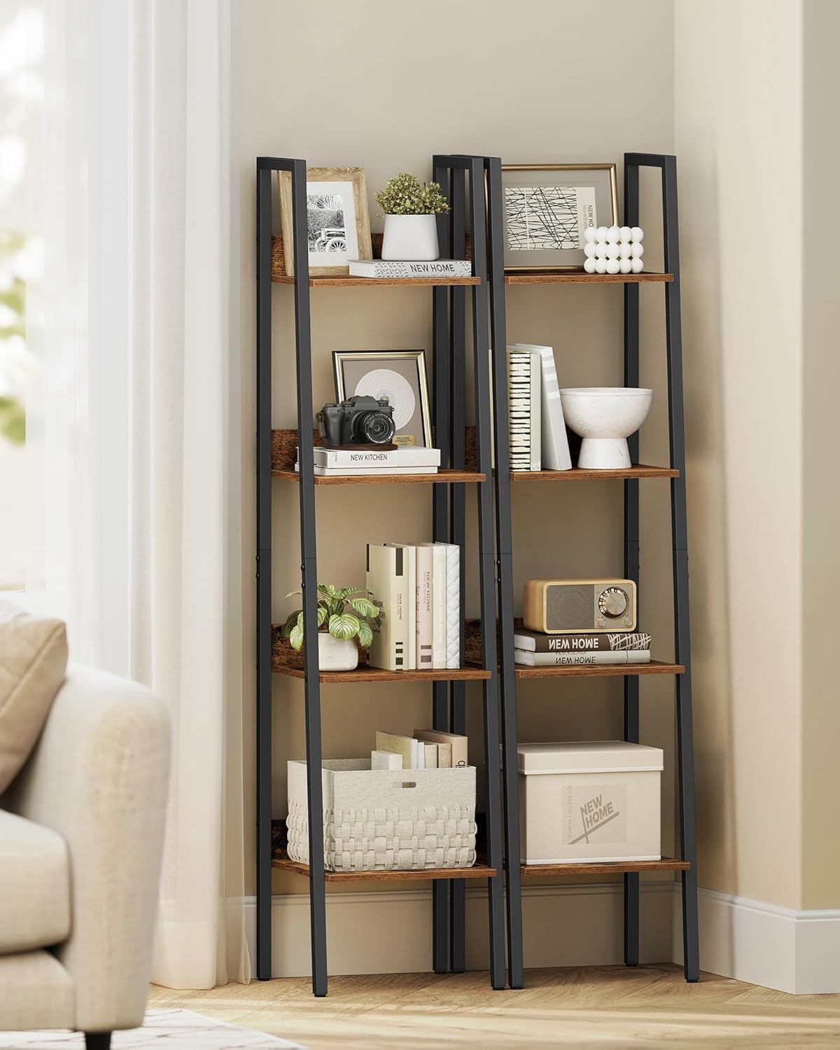 4-Tier Ladder Bookshelf – Industrial Storage Rack with Steel Frame for Living Room & Home Office