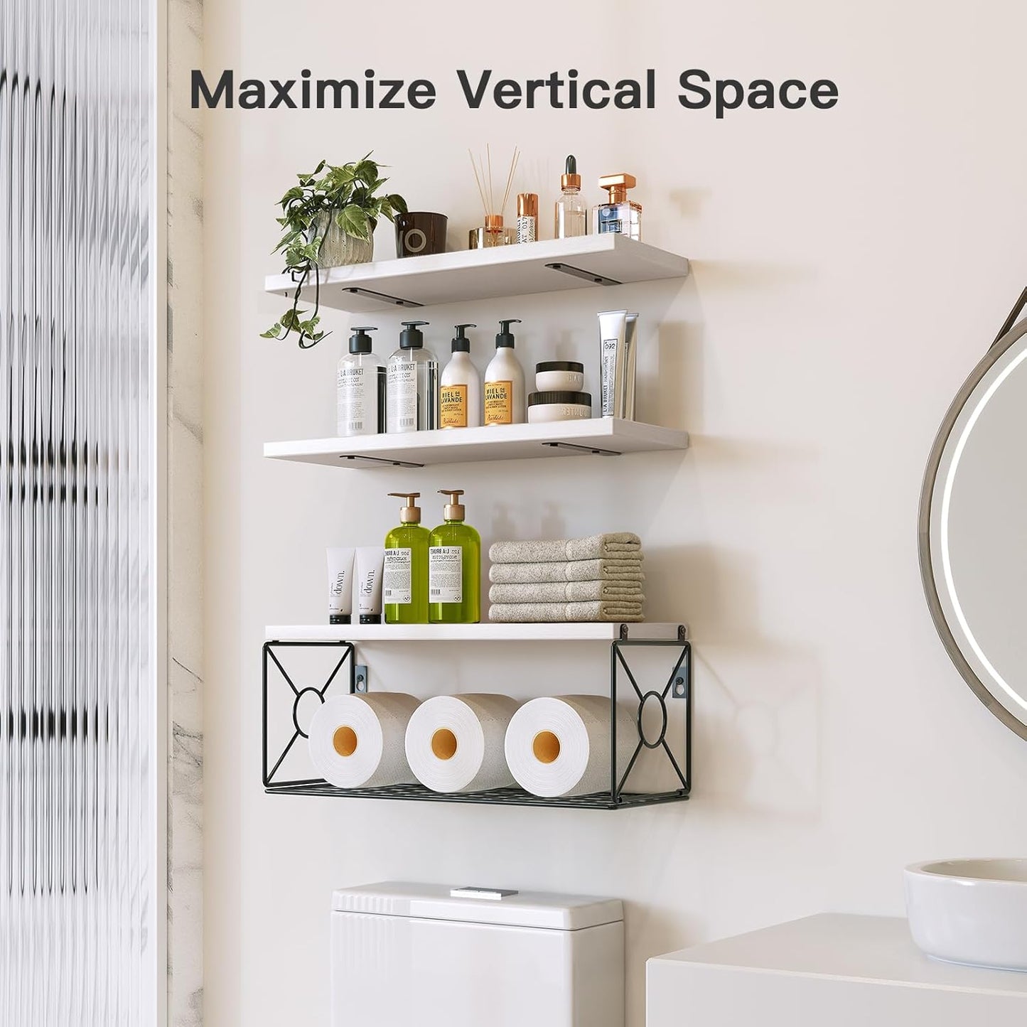 Floating Wall Shelves with Storage Basket – Natural Wood Bathroom & Home Organizer