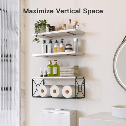 Floating Wall Shelves with Storage Basket – Natural Wood Bathroom & Home Organizer