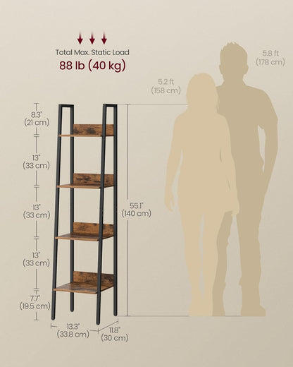 4-Tier Ladder Bookshelf – Industrial Storage Rack with Steel Frame for Living Room & Home Office