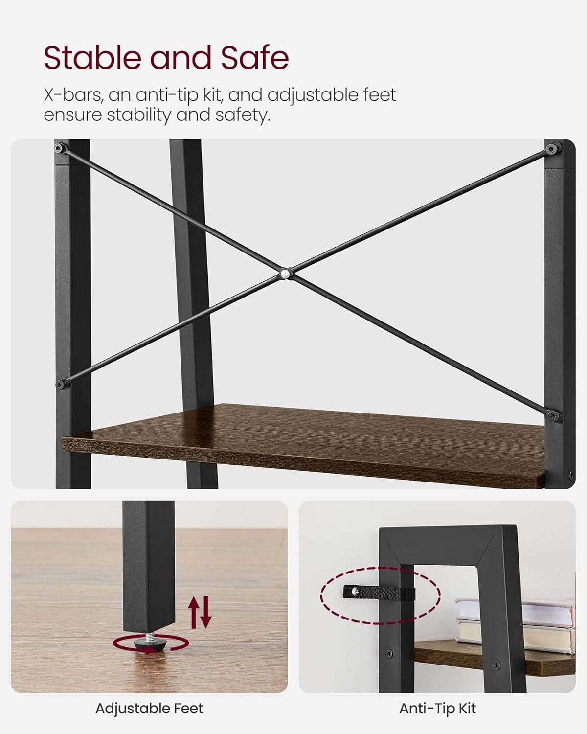 4-Tier Ladder Bookshelf – Industrial Storage Rack with Steel Frame for Living Room & Home Office