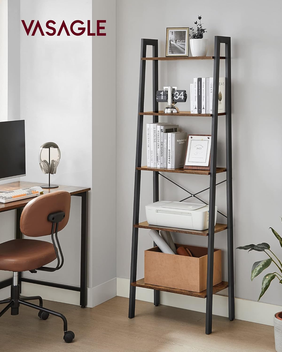 4-Tier Ladder Bookshelf – Industrial Storage Rack with Steel Frame for Living Room & Home Office