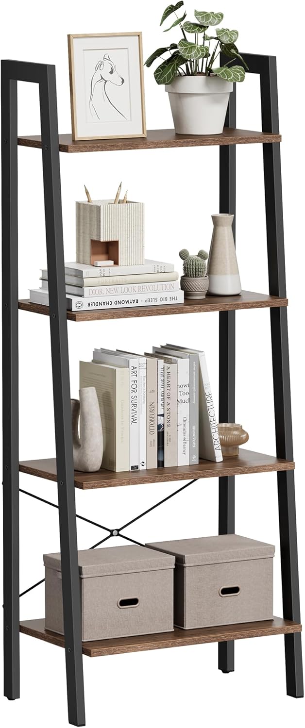 4-Tier Ladder Bookshelf – Industrial Storage Rack with Steel Frame for Living Room & Home Office