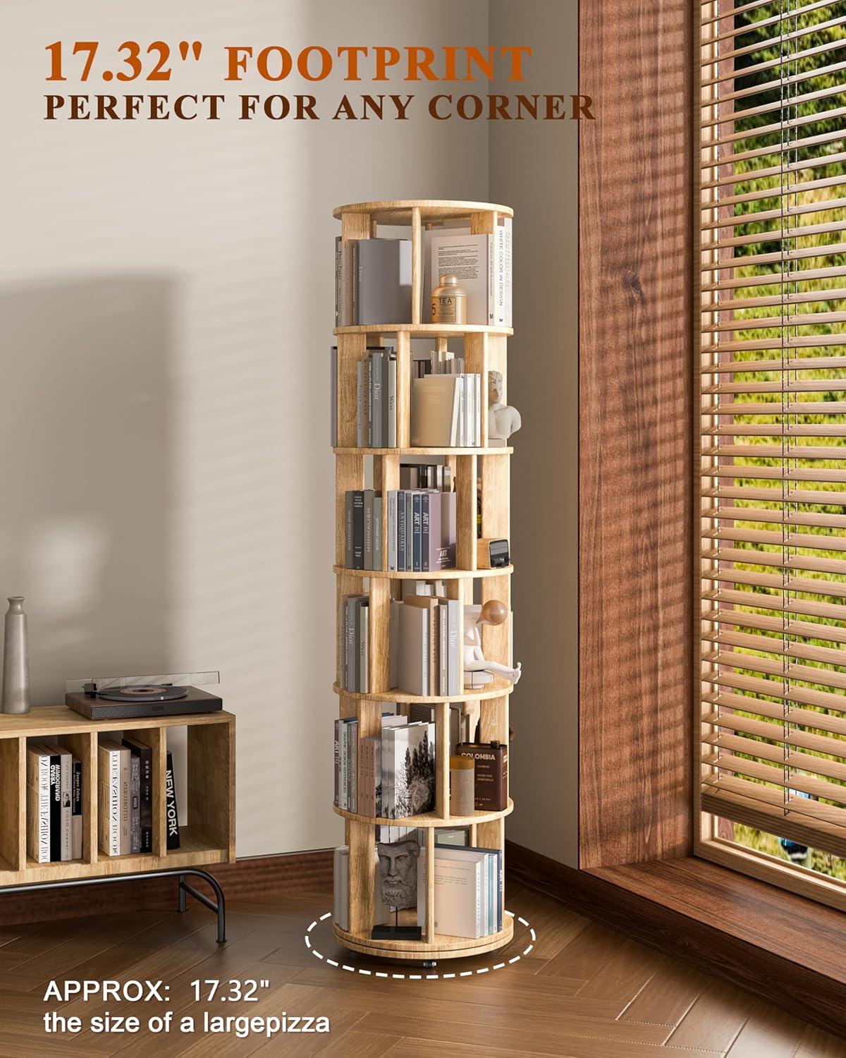 360° Rotating Solid Wood Bookshelf – Space-Saving Organizer for Modern Living