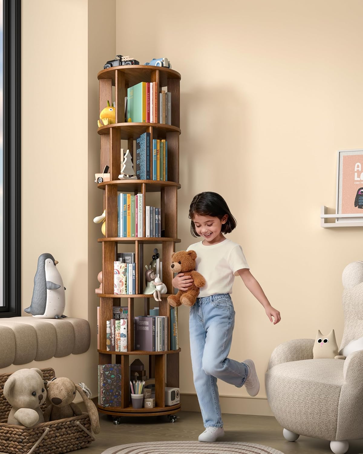 360° Rotating Solid Wood Bookshelf – Space-Saving Organizer for Modern Living