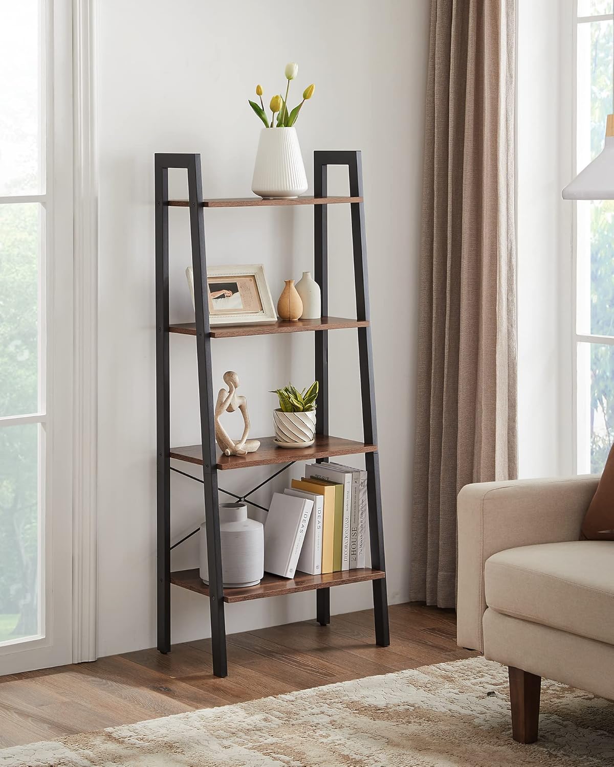 4-Tier Ladder Bookshelf – Industrial Storage Rack with Steel Frame for Living Room & Home Office