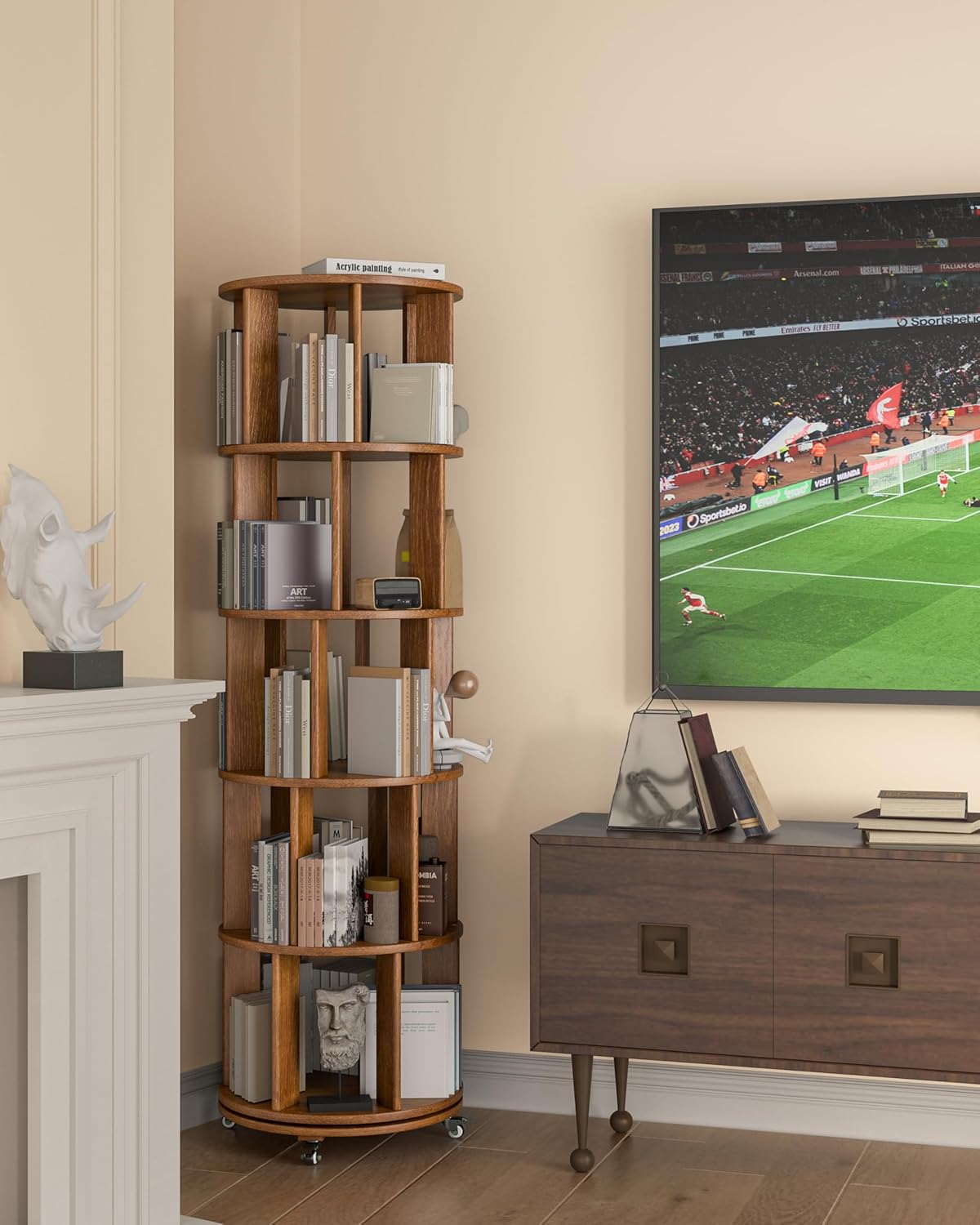 360° Rotating Solid Wood Bookshelf – Space-Saving Organizer for Modern Living