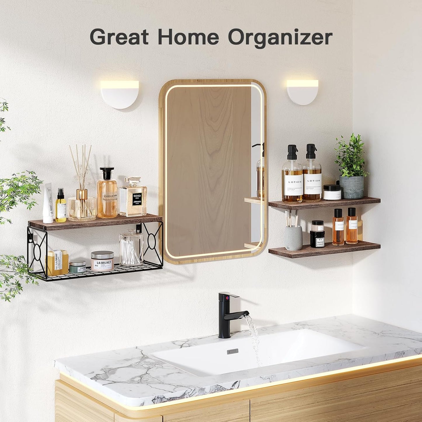 Floating Wall Shelves with Storage Basket – Natural Wood Bathroom & Home Organizer