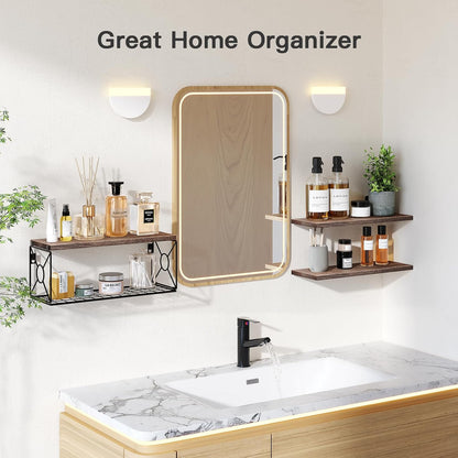 Floating Wall Shelves with Storage Basket – Natural Wood Bathroom & Home Organizer