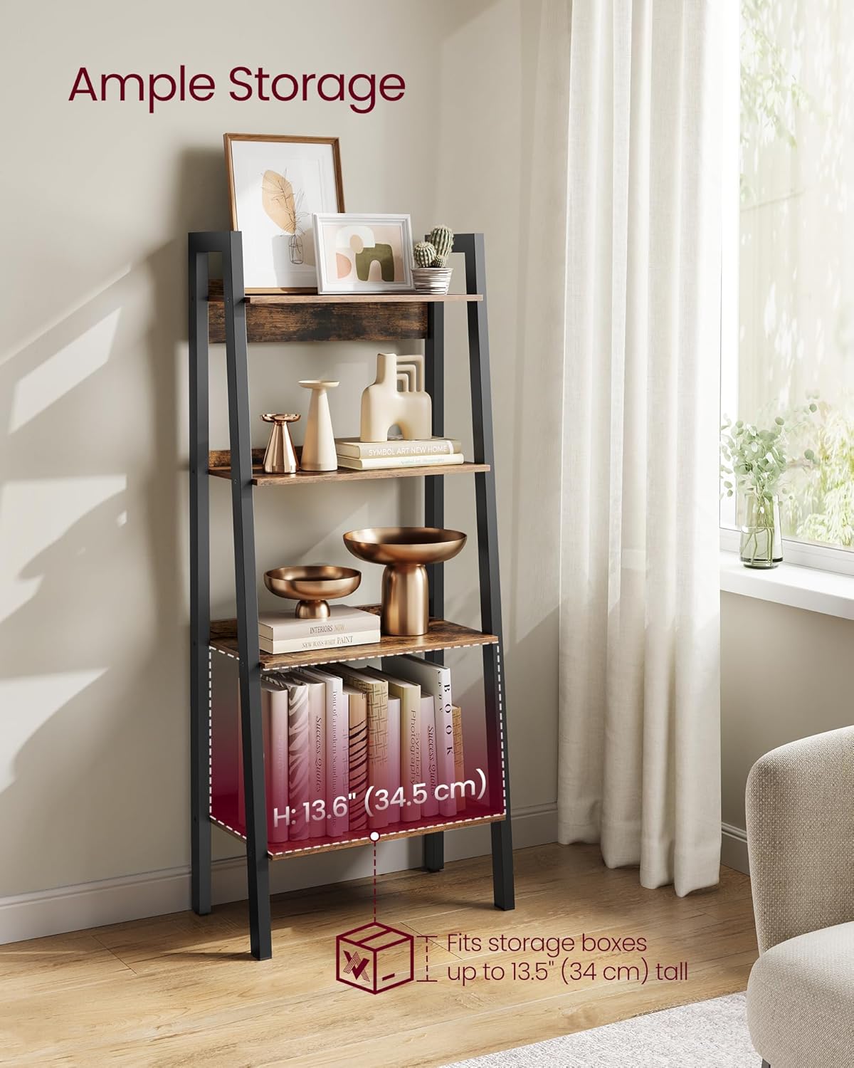 4-Tier Ladder Bookshelf – Industrial Storage Rack with Steel Frame for Living Room & Home Office
