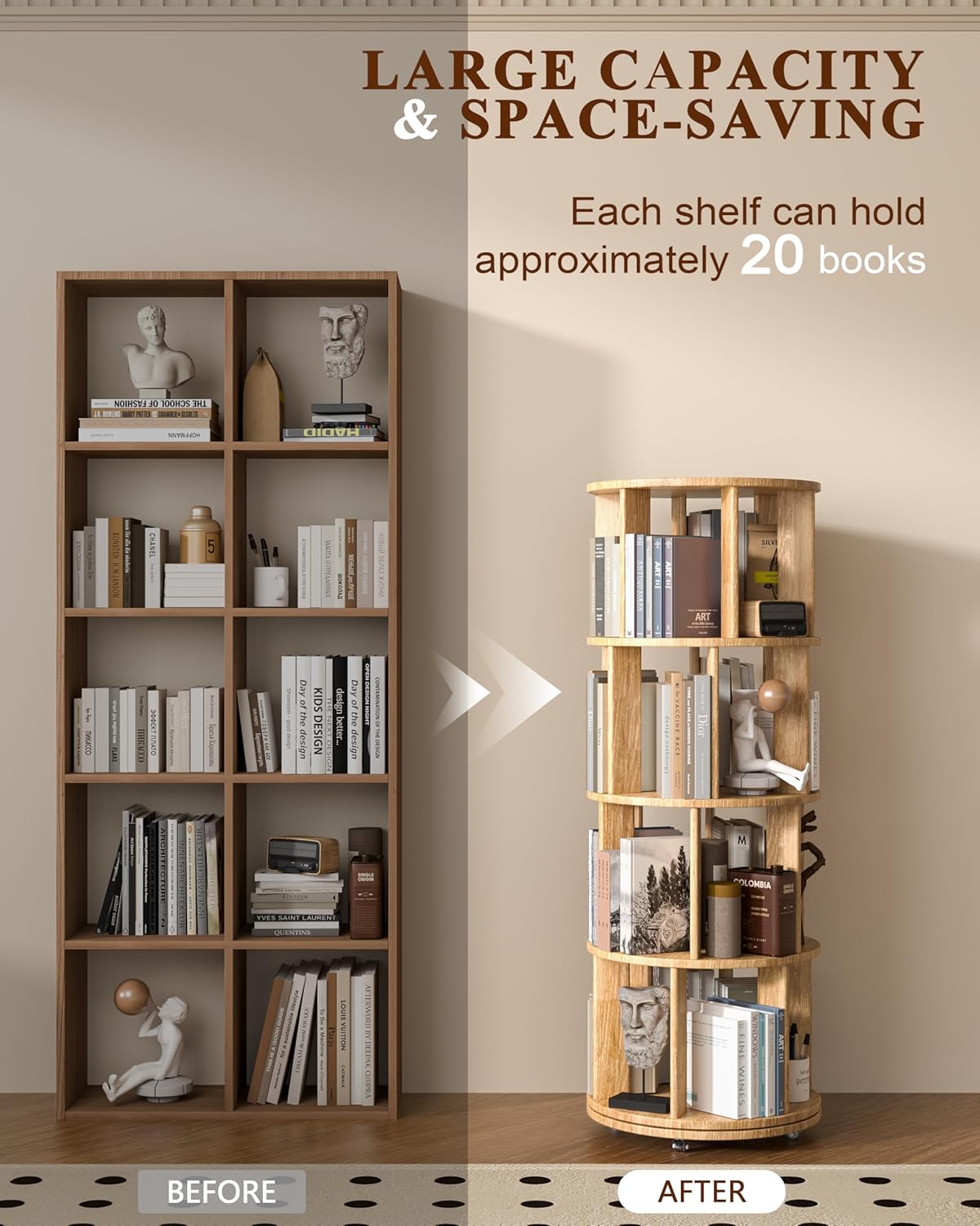360° Rotating Solid Wood Bookshelf – Space-Saving Organizer for Modern Living