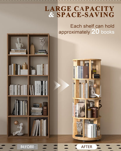 360° Rotating Solid Wood Bookshelf – Space-Saving Organizer for Modern Living