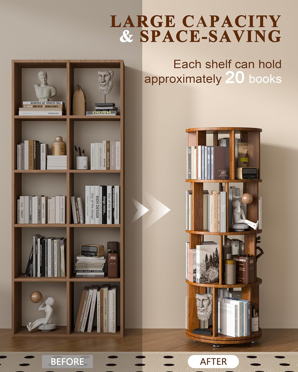 360° Rotating Solid Wood Bookshelf – Space-Saving Organizer for Modern Living