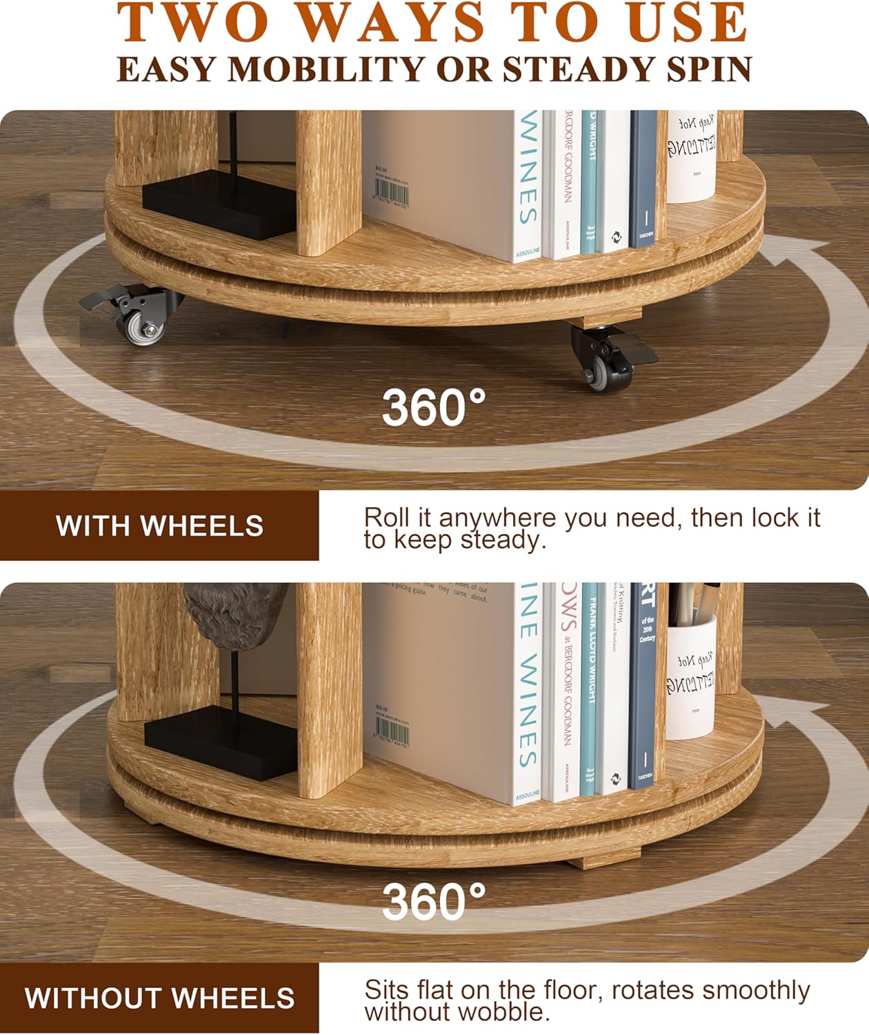 360° Rotating Solid Wood Bookshelf – Space-Saving Organizer for Modern Living