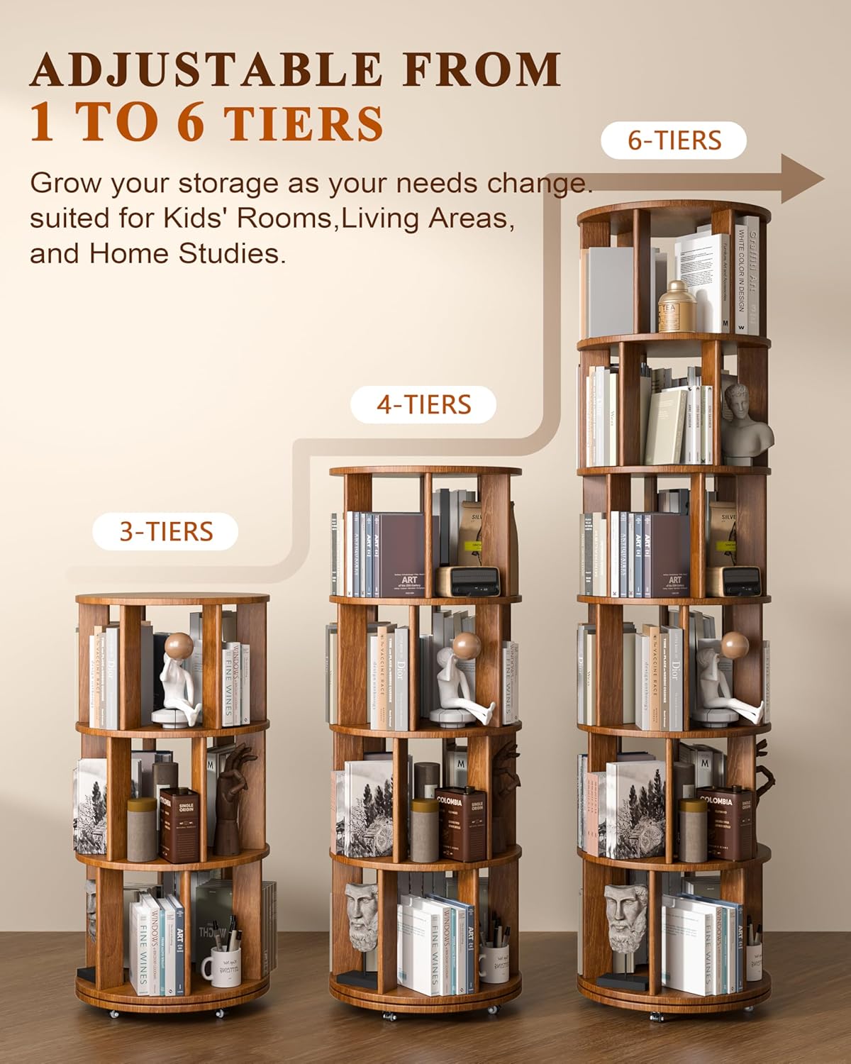 360° Rotating Solid Wood Bookshelf – Space-Saving Organizer for Modern Living