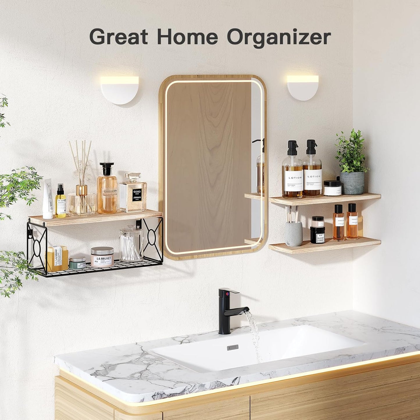 Floating Wall Shelves with Storage Basket – Natural Wood Bathroom & Home Organizer