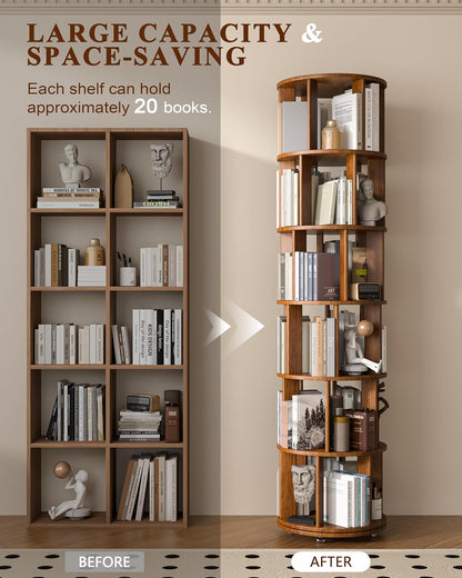 360° Rotating Solid Wood Bookshelf – Space-Saving Organizer for Modern Living