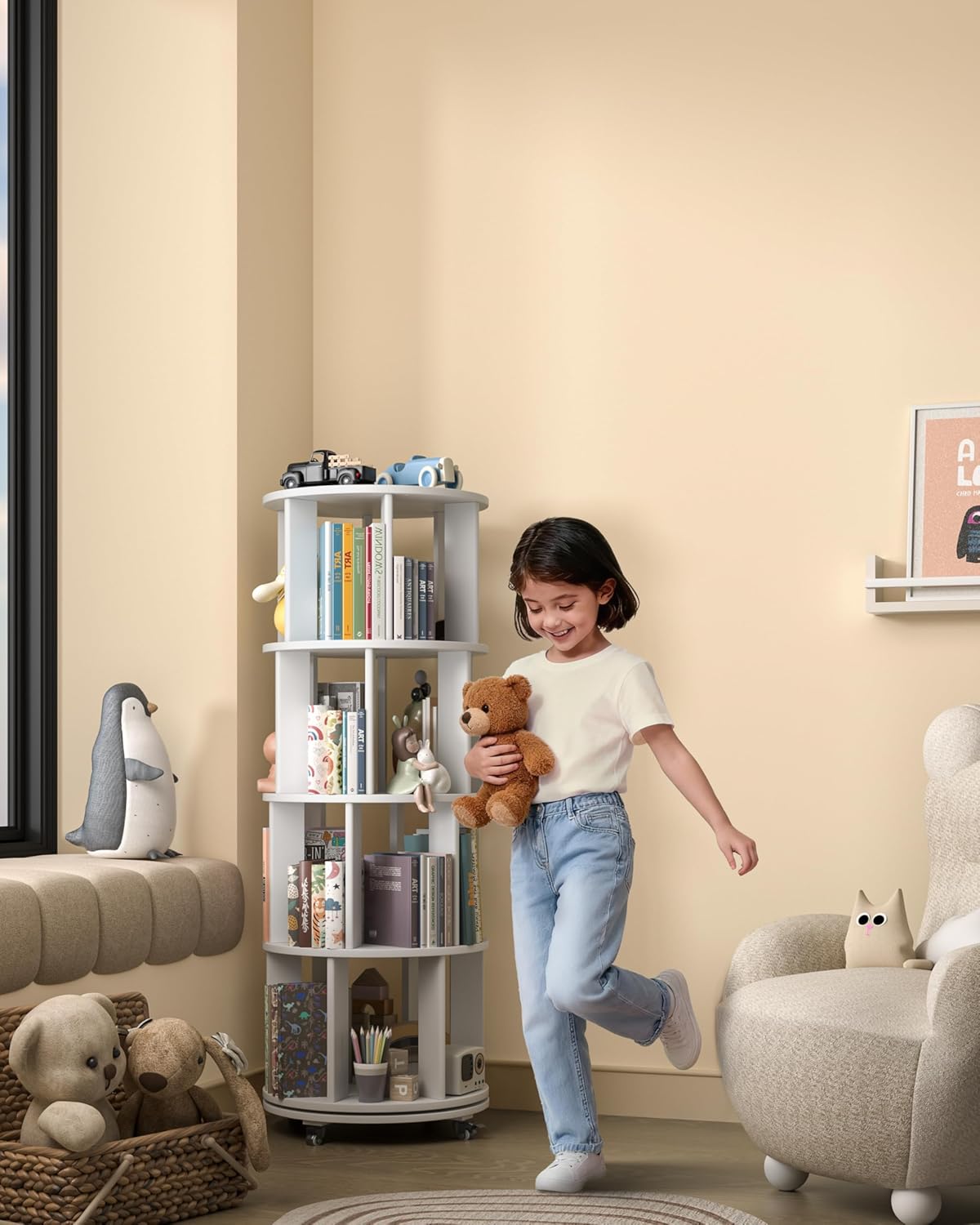 360° Rotating Solid Wood Bookshelf – Space-Saving Organizer for Modern Living