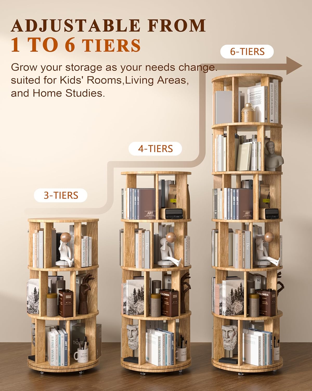 360° Rotating Solid Wood Bookshelf – Space-Saving Organizer for Modern Living