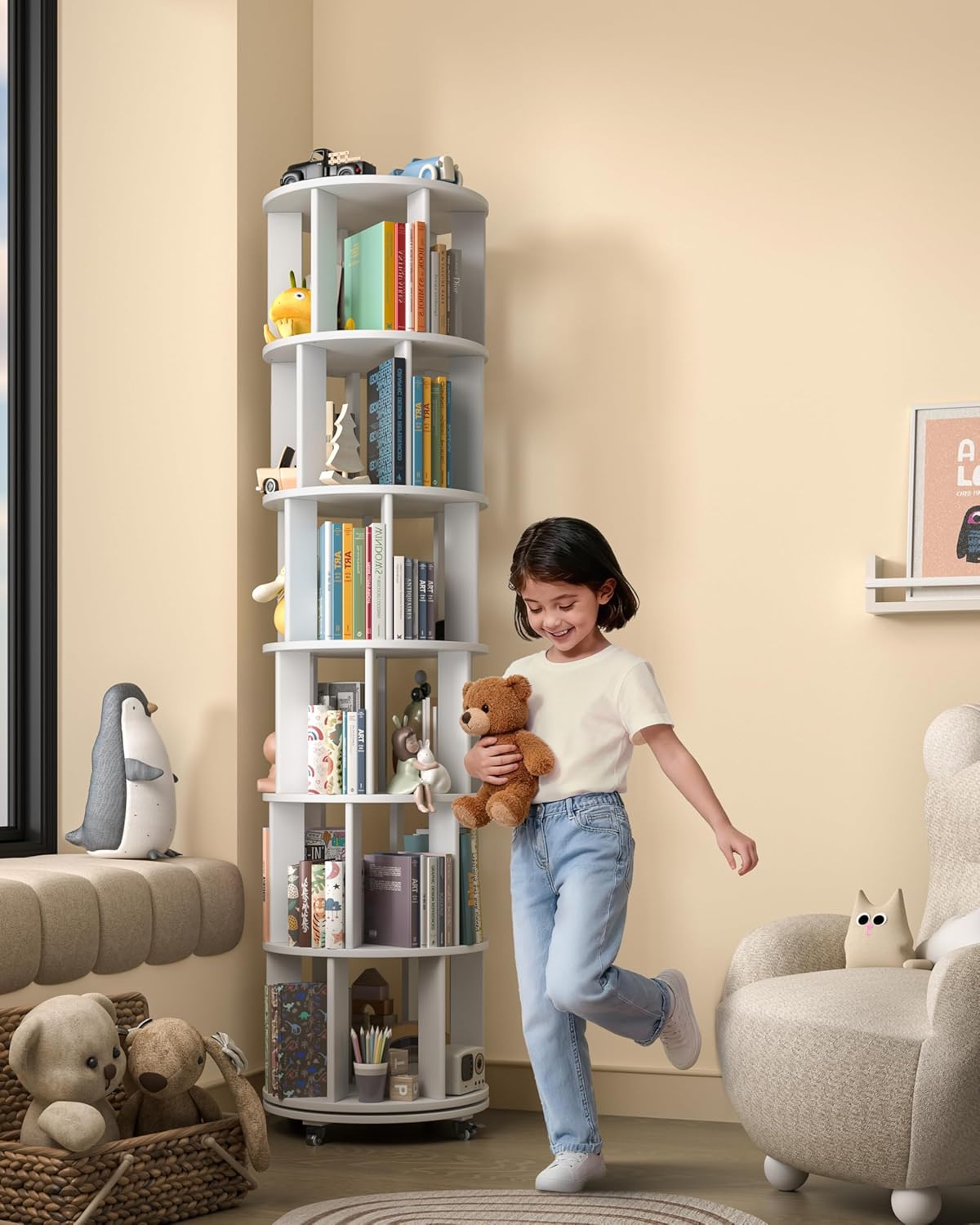 360° Rotating Solid Wood Bookshelf – Space-Saving Organizer for Modern Living