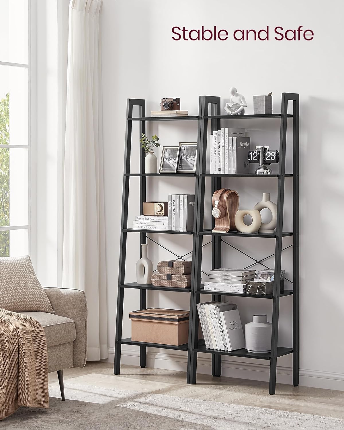 4-Tier Ladder Bookshelf – Industrial Storage Rack with Steel Frame for Living Room & Home Office