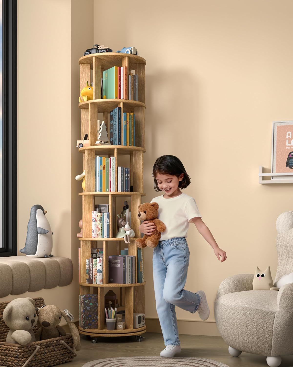 360° Rotating Solid Wood Bookshelf – Space-Saving Organizer for Modern Living