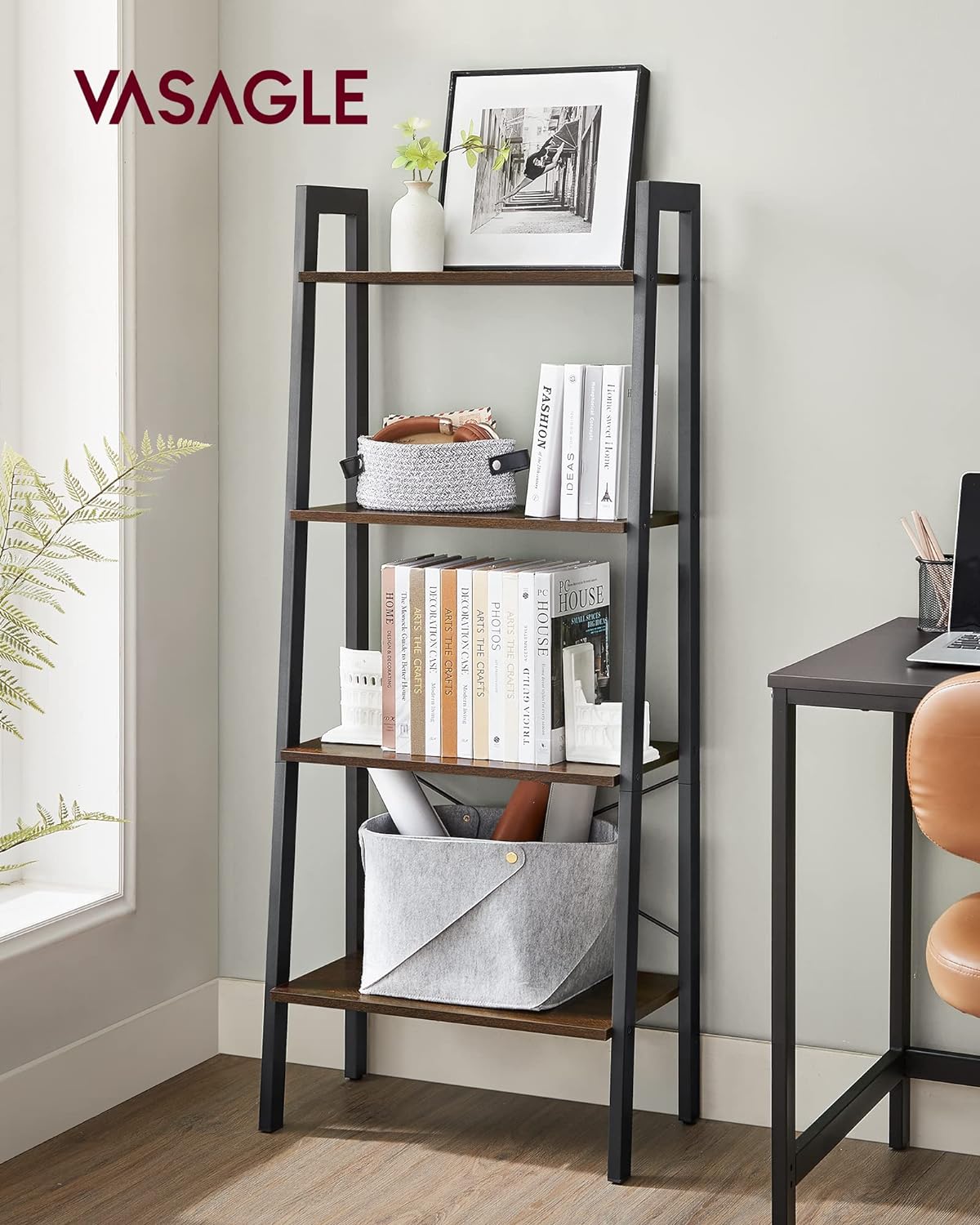 4-Tier Ladder Bookshelf – Industrial Storage Rack with Steel Frame for Living Room & Home Office