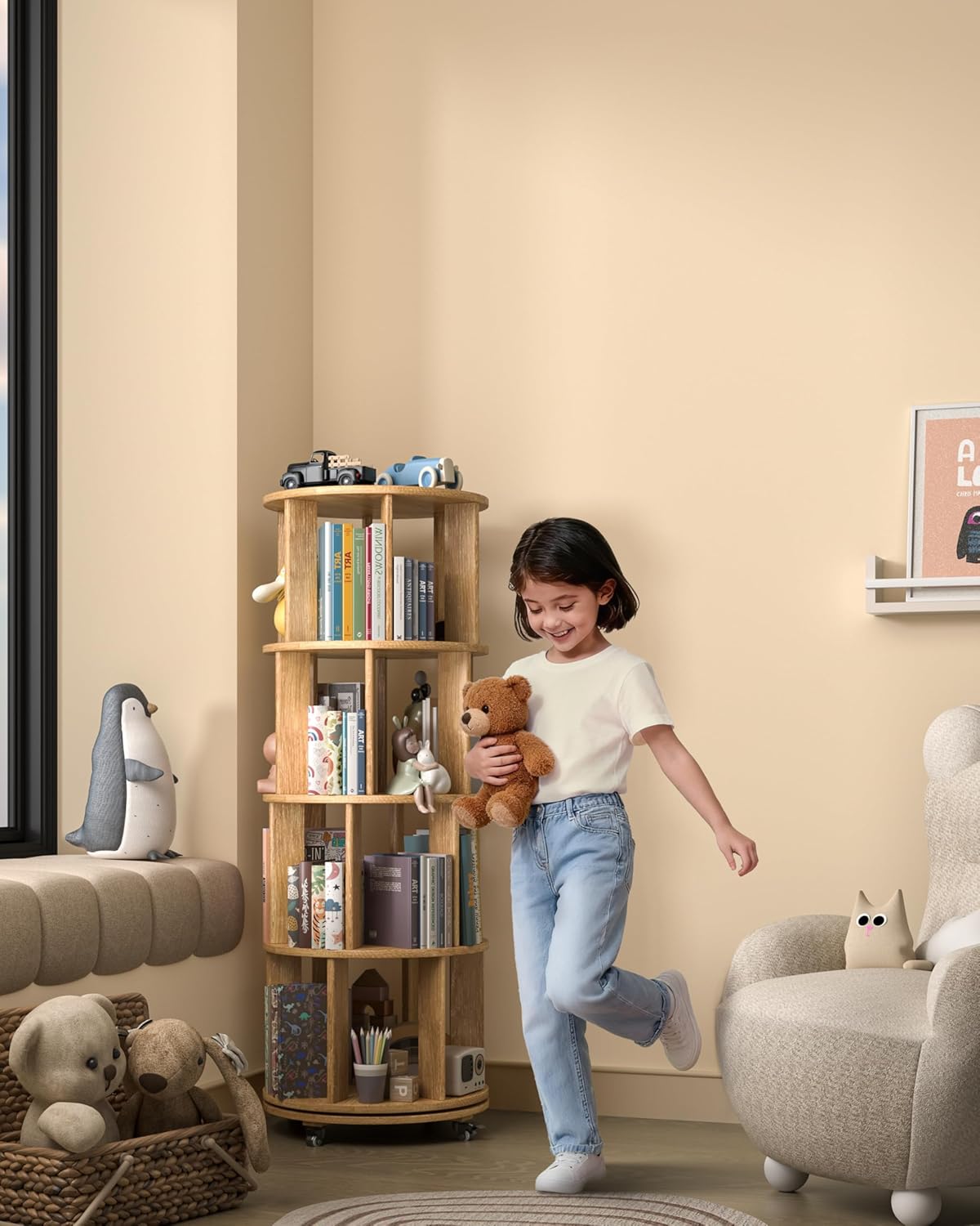 360° Rotating Solid Wood Bookshelf – Space-Saving Organizer for Modern Living