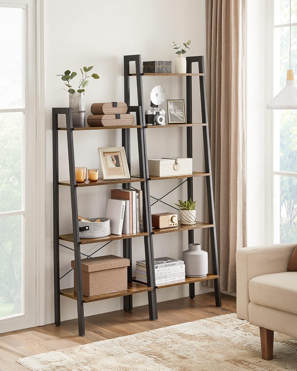 4-Tier Ladder Bookshelf – Industrial Storage Rack with Steel Frame for Living Room & Home Office