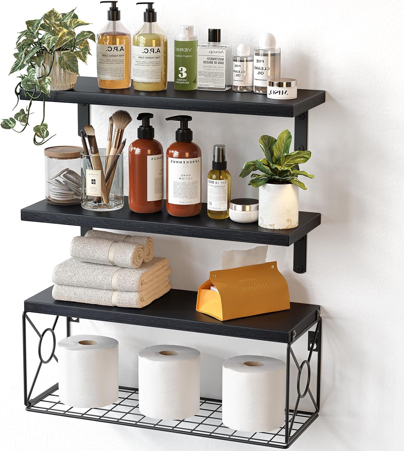 Floating Wall Shelves with Storage Basket – Natural Wood Bathroom & Home Organizer
